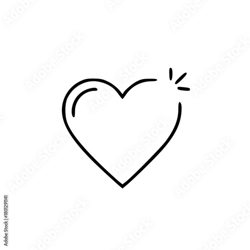 Simple black and white line drawing of a heart shape with a sparkle.