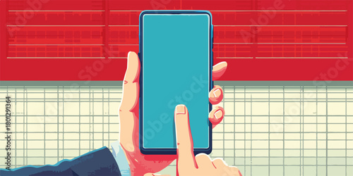 Mano che tiene uno smartphone e tocca lo schermo, con uno sfondo geometrico rosso e beige.