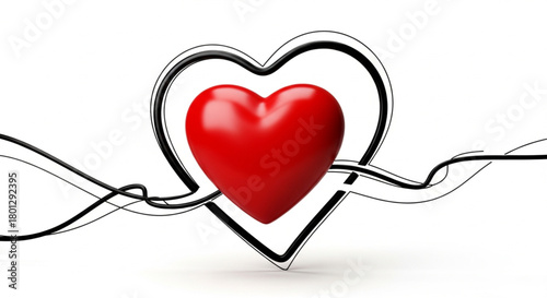 Red Heart Whirlwind Stock Vector. Valentine's day vector. Valentine's day red heart symbol banner. Single Red Heart Continuous Wavy Line Art Drawing on White Background