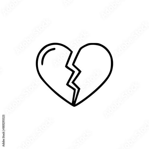 Simple black and white line drawing of a broken heart, representing sadness and heartbreak.