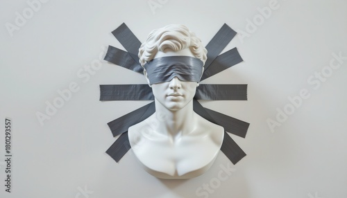 Abstract sculpture of a blindfolded man with tape on the wall, representing isolation and hidden vision
