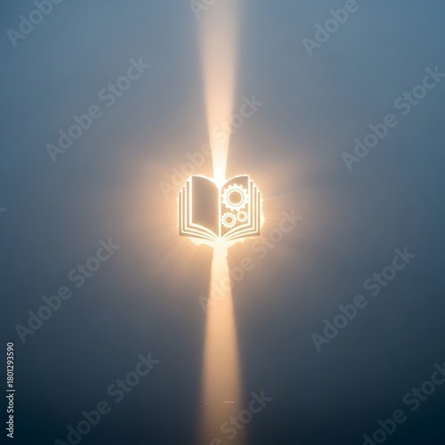 A luminous open book with glowing gears and light beams emanating from its pages, symbolizing knowledge, innovation, and technological advancement