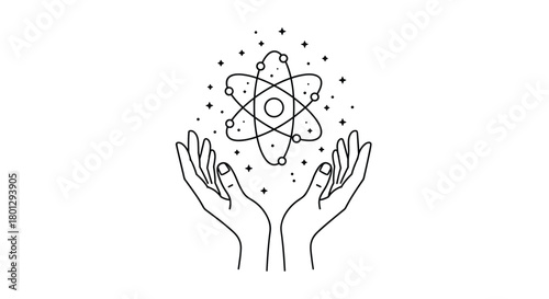 Line art illustration of two hands gently holding a glowing atom surrounded by sparkling stars representing science and creation.