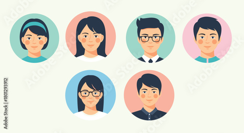 Set of six diverse avatar portraits depicting three women and three men with various hairstyles and accessories in a friendly cartoon style.