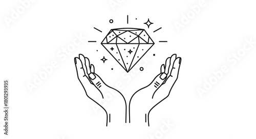 Line art illustration of two hands gently holding a brilliant sparkling diamond surrounded by small stars representing luxury and value.