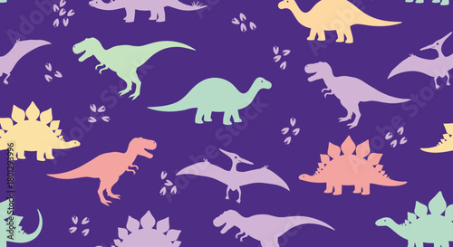 Seamless pattern showcasing various pastel-colored dinosaur silhouettes and small footprints on a vibrant dark purple background.