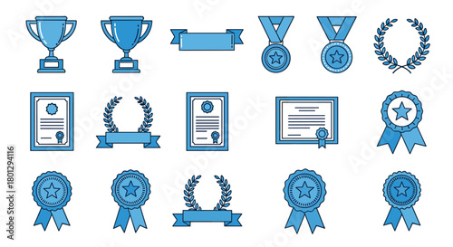 Extensive collection of blue line art icons featuring trophies ribbons medals certificates and laurel wreaths symbolizing success and recognition.