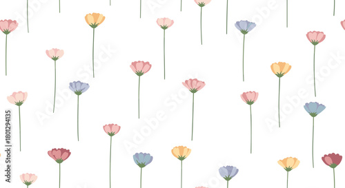 Seamless pattern featuring delicate thin-stemmed colorful flowers in pink yellow blue and red, gracefully arranged on a pristine white background.