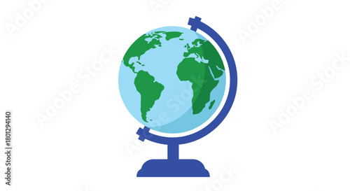 Vibrant desktop globe featuring green continents and blue oceans mounted on a sturdy blue stand, symbolizing education and global studies.