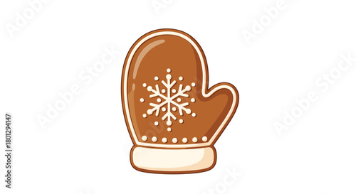 Festive gingerbread cookie in the shape of a cozy mitten adorned with a white snowflake design, perfect for Christmas and winter holidays.