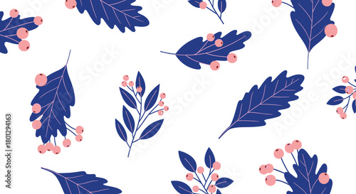 Seamless pattern featuring delicate blue leaves and vibrant pink berries scattered across a clean white background, perfect for botanical designs.