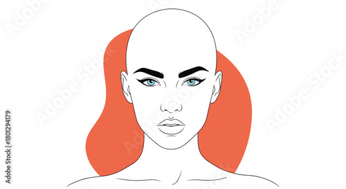 Striking line art portrait of a bald woman's head with prominent eyebrows and captivating blue eyes against an abstract red shape.