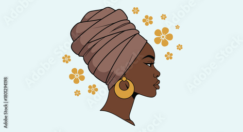 Elegant side profile portrait of an African woman wearing a stylish brown headwrap and large hoop earrings surrounded by yellow flowers.