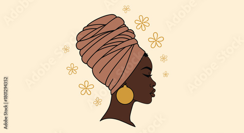 Elegant side profile portrait of an African woman wearing a stylish brown headwrap and large hoop earrings surrounded by yellow flowers.