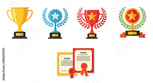 Elegant collection of gold and blue trophy cups and certificates adorned with stars and laurel wreaths symbolizing victory and excellence.