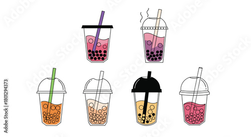 Colorful collection of seven bubble tea cups in various designs and vibrant color combinations, perfect for beverage and cafe themes.