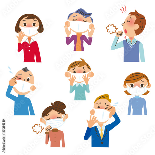 風邪や花粉でマスクをして予防をしているイラスト