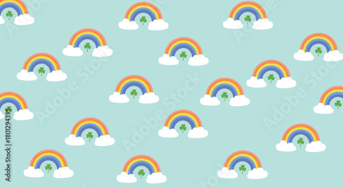 Seamless pattern featuring cheerful rainbows with fluffy white clouds and green clovers evenly spaced on a soothing light blue background.