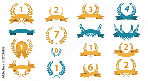 Comprehensive collection of laurel wreaths and ribbons with numbers 0 to 7 in elegant gold and vibrant blue symbolizing ranking and success.