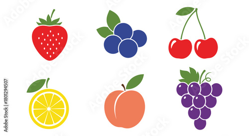 A vibrant collection of six different fresh fruits including strawberries blueberries cherries lemons peaches and grapes.