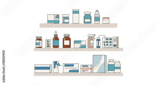 Three neatly arranged shelves in a pharmacy filled with a wide variety of medications and pharmaceutical products ready for sale.