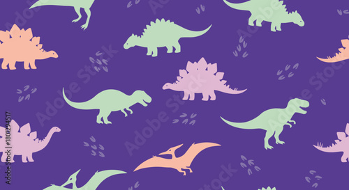 A vibrant seamless pattern featuring various colorful dinosaur silhouettes and footprints against a whimsical purple background.