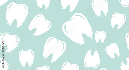 A clean and crisp seamless pattern featuring healthy white teeth and molars scattered across a soft light green background.