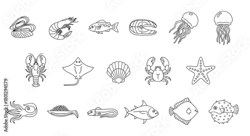 An extensive collection of line art seafood icons featuring various marine creatures like fish shrimp lobster and shellfish.