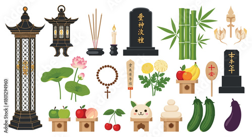 Collection of Japanese Buddhist funeral and offering items pixel art.