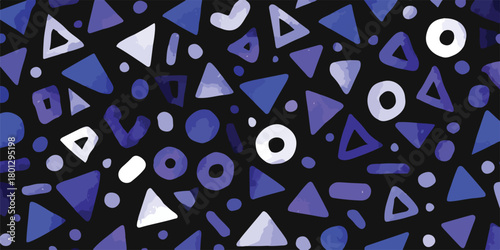 Sfondo astratto con forme geometriche blu e viola su sfondo nero, stile acquerello.