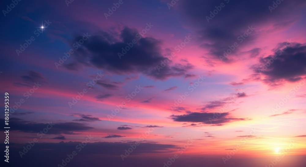 Fototapeta premium Radiant Star Over a Vibrant Sunset Sky, Bright, Shining, Celestial