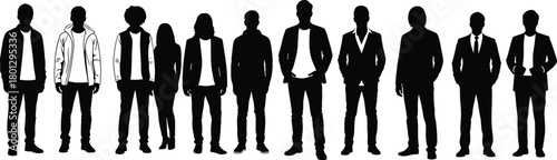 Diverse people flat vector illustration, silhouette group, casual and formal attire, standing pose, unity, fashion mix, team concept