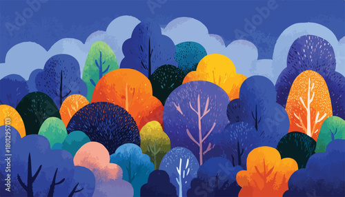 Illustrazione vettoriale stilizzata di una foresta vibrante con alberi colorati e nuvole sullo sfondo blu