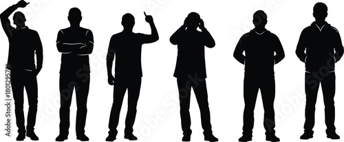 Human gesture flat vector illustration, silhouette poses, expressive body language, standing figures, diverse postures, communication, emotion, design, concept