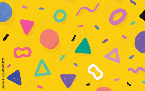Sfondo giallo vivace con forme geometriche colorate astratte e elementi di design giocoso.