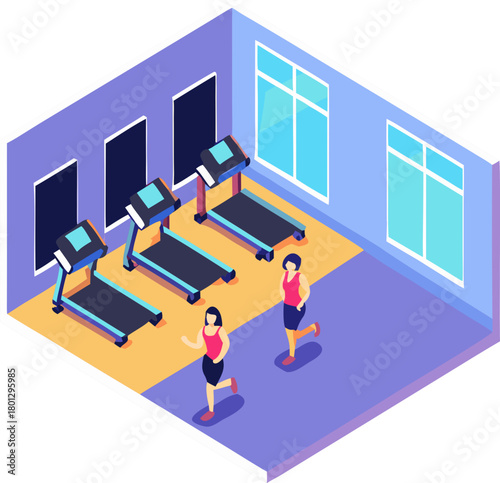 3D icon of a fitness center with treadmills and women exercising
