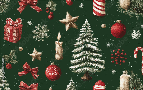 Motivo natalizio con alberi, palline, candele e fiocchi su sfondo verde scuro, stile vintage.