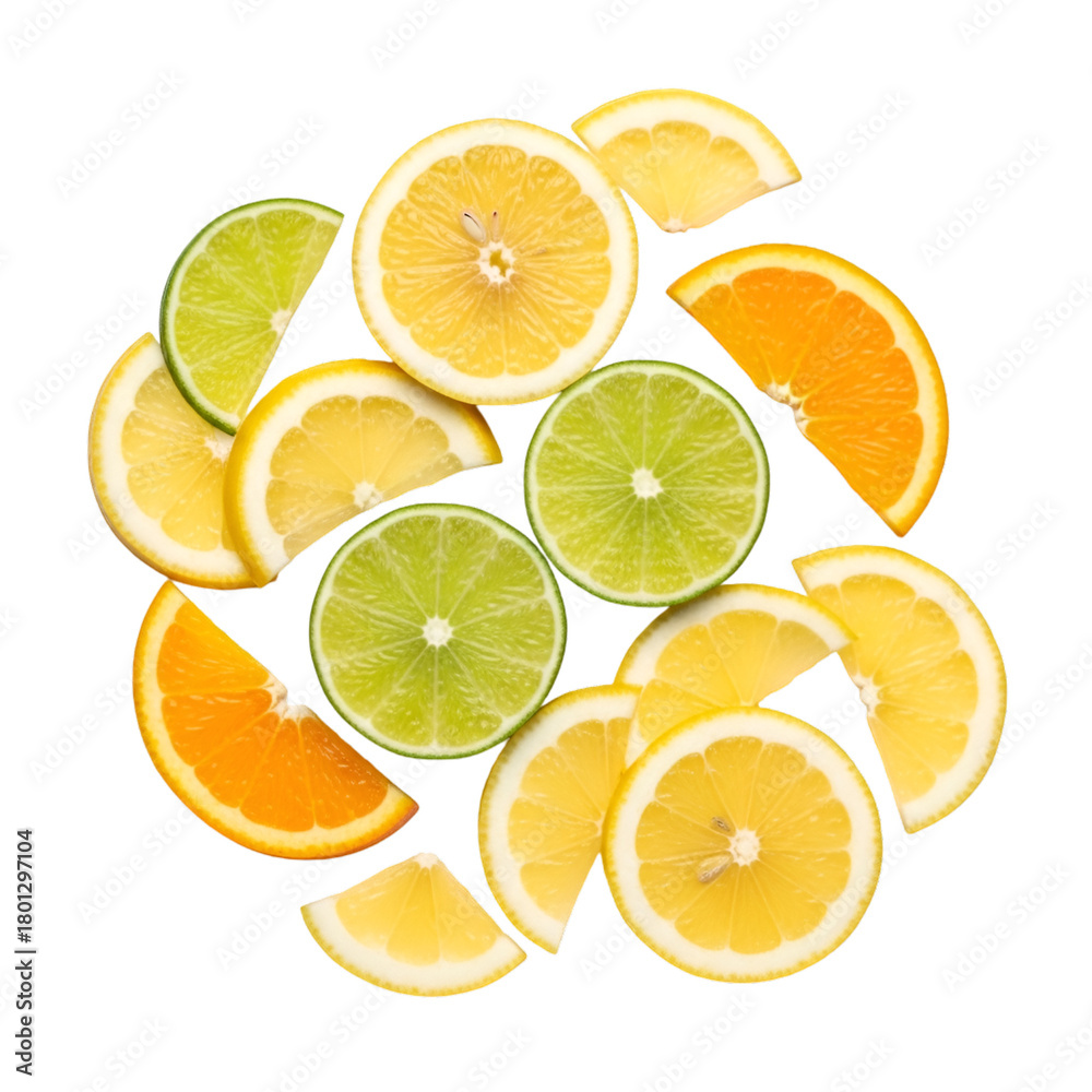 Fototapeta premium A vibrant assortment of citrus fruit slices, including lemons, limes, and oranges, isolated on a transparent background