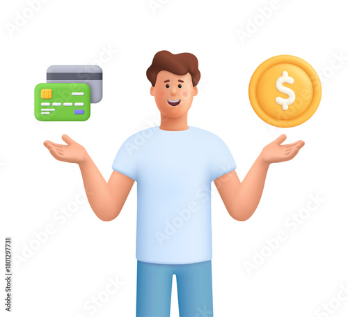 Young smiling man James holding credit card and gold dollar coin. Finance, business, money management, online banking and savings concept.  3d vector people character. Cartoon minimal style.