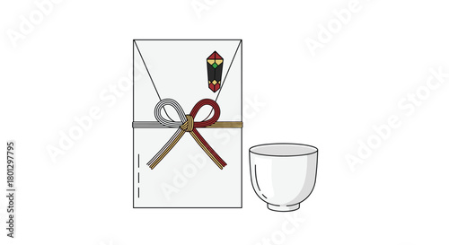 A traditional Japanese gift set featuring a folded paper envelope with decorative knotting and a small ceramic cup for tea or sake.