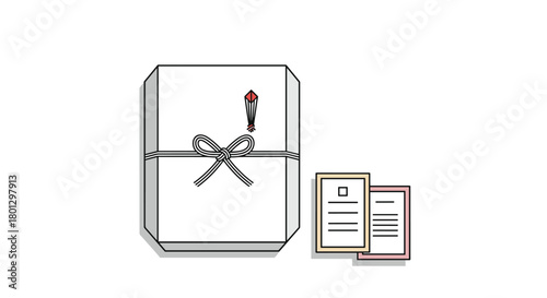 A stack of important documents tied with a bow next to a small figure under an umbrella.