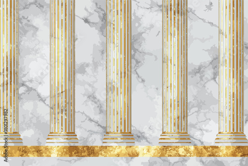 Sfondo verticale con colonne dorate in stile classico greco romano su marmo bianco venato