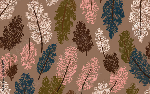 Pattern astratto di piume stilizzate in tonalità terrose e pastello su sfondo marrone neutro.