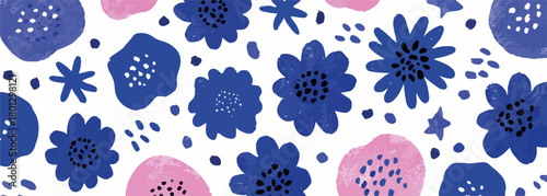 Pattern floreale astratto blu e rosa con elementi stilizzati su sfondo bianco, disegno vettoriale moderno.