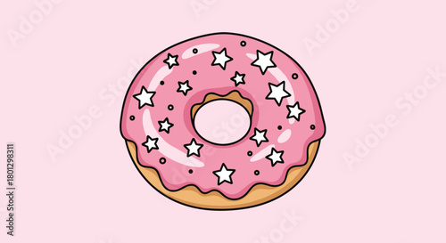 A delicious looking pink frosted donut with white stars on a pastel pink background.