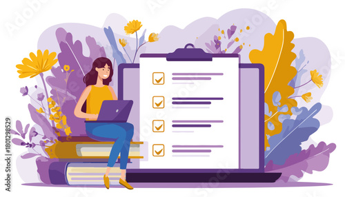 Donna sorridente con laptop su libri accanto a grande lista di controllo su schermo, concetto di apprendimento.