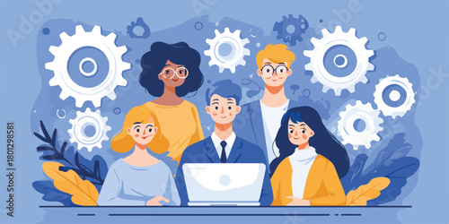 Squadra di lavoro multietnica con ingranaggi, concetto di collaborazione e meccanismo aziendale.