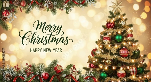 Merry Christmas and Happy New Year Festive Greeting, Holiday, Card, Celebration