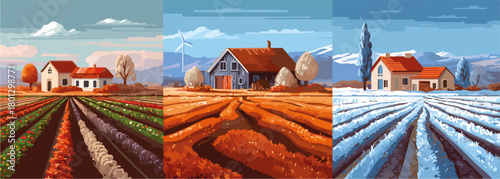 Vettore stilizzato delle quattro stagioni in una fattoria con campi coltivati e case rurali.