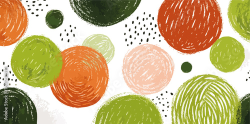 Vettore astratto con cerchi disegnati a mano in tonalità autunnali e tocchi puntinati su sfondo bianco.